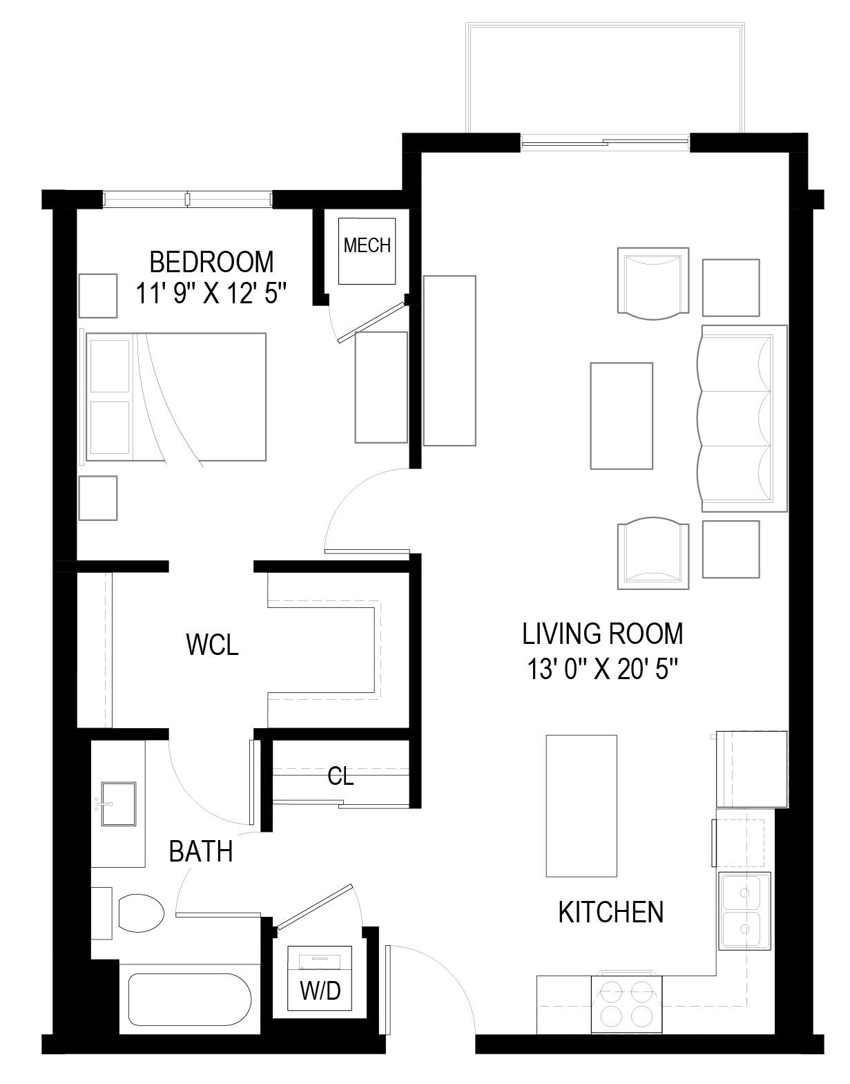 Floor plan for 1 bed, 1 bath, 748 sqft